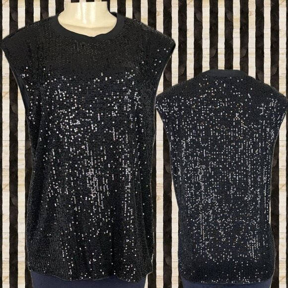 Timing L Black Sequin Crew Knit Neckline Padded Shoulders Sleeveless Tank Blouse - Picture 1 of 6